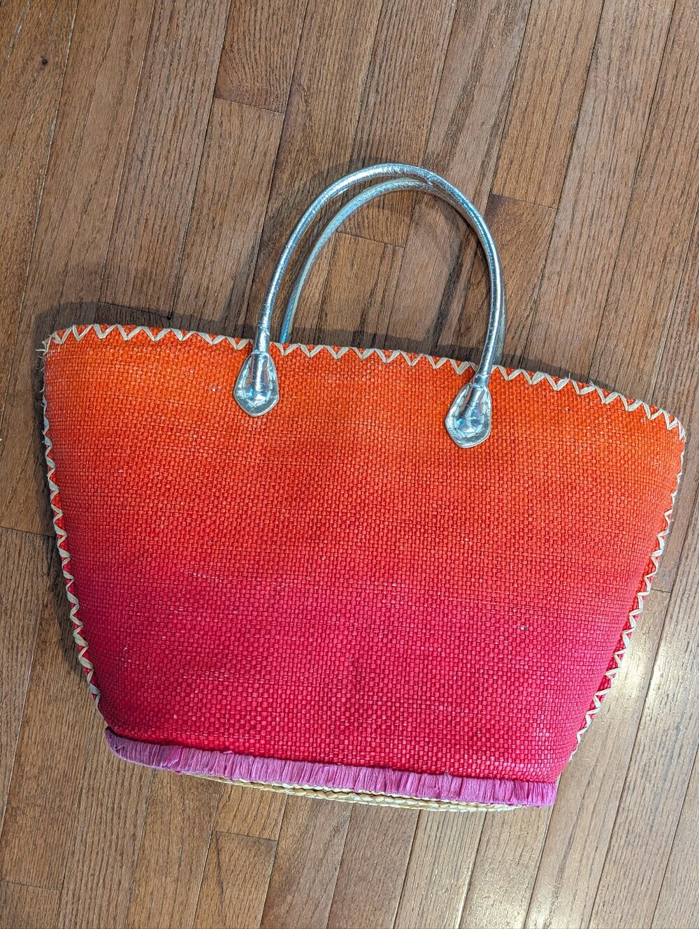 Victoria's Secret Ombre Orange-Pink Tote with Silver Handles